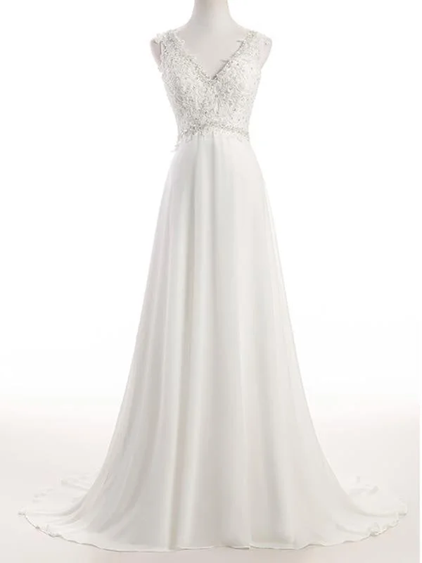 Elegant V Neck Lace Chiffon A-Line Wedding Dresses