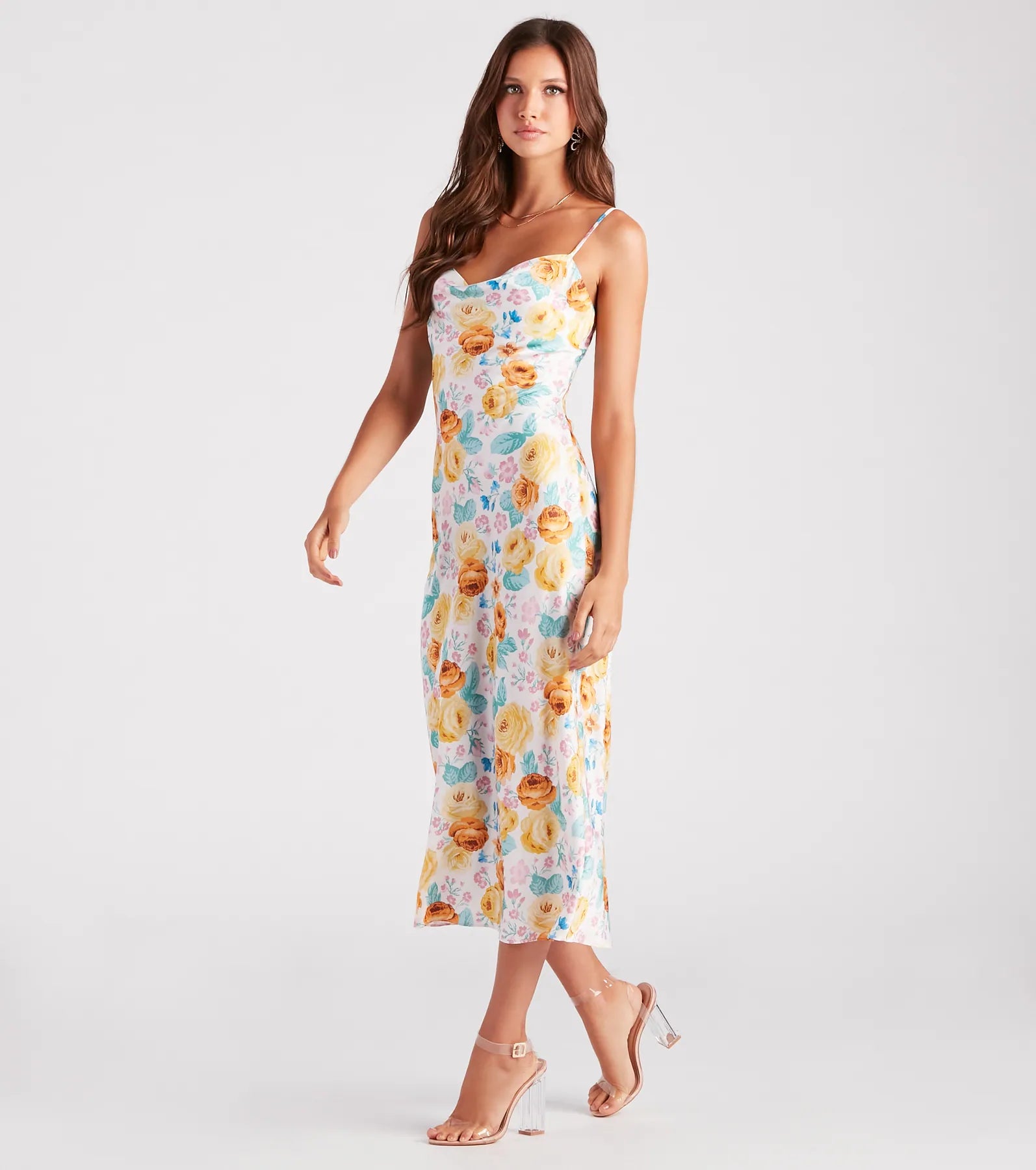 Major Admiration Satin Floral Midi Dress Earthy Women's Hemp - based