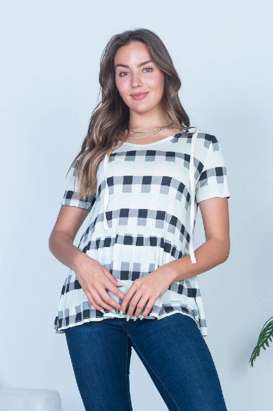 Buffalo Plaid Short Sleeve Peplum Top w/Hoodie with Drawstrings (HT9229) Bohemian Women's Free