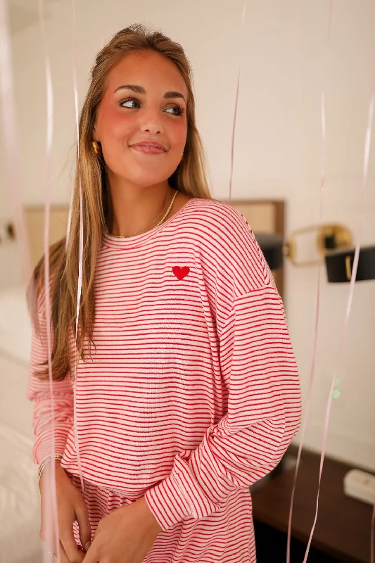 Bisous Stripe Long Sleeve Top - Red