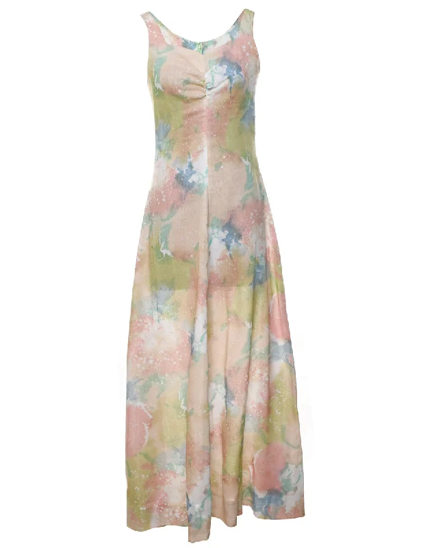 1970s Tie-Dye Pastel Multi-Colour Maxi Dress - S Relaxed Women's Beachy