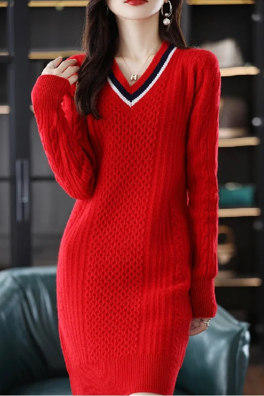 V Neck Knit Mini Dress Monochromatic All - in - one