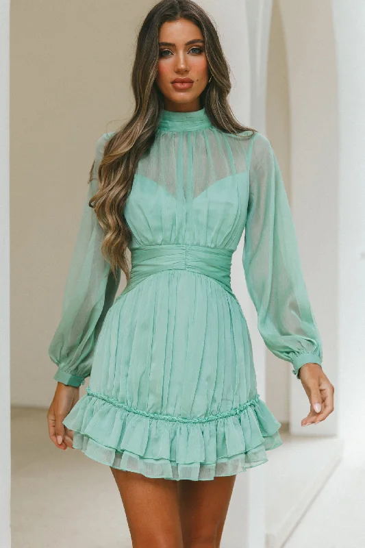 Mandalay High Neck Long Sleeve Waistband Dress Sage Unique Women's Upcycled