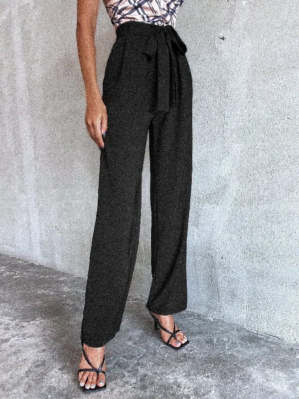 Casual Plain Tie Front High Waist Long Women Pants Cozy Women's Sherpa - lined