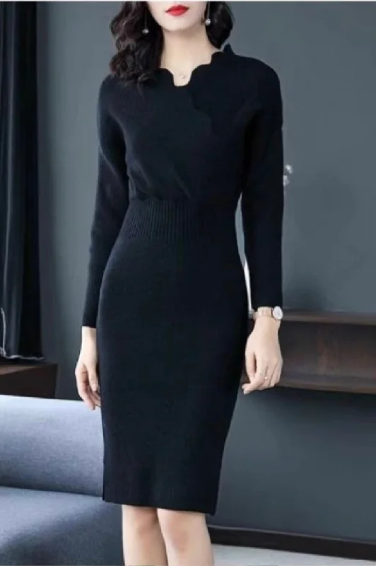 Scallop V Neck Sweater Dress Elegant Women's 