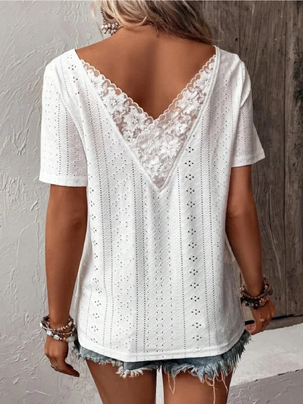 Lace Detail Eyelet Short Sleeve Blouse Classic Women's Pin - striped