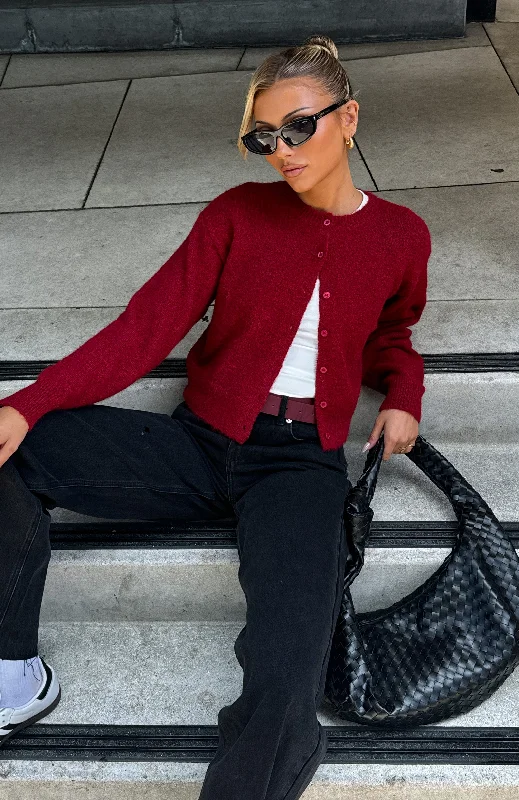 Warm Whispers Knit Cardigan Burgundy Casual Women's Loose - fitting