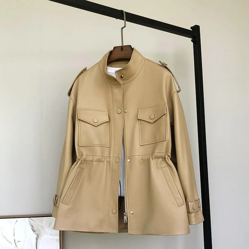 Small Waisted Leather Sheepskin Trench Coat Women
