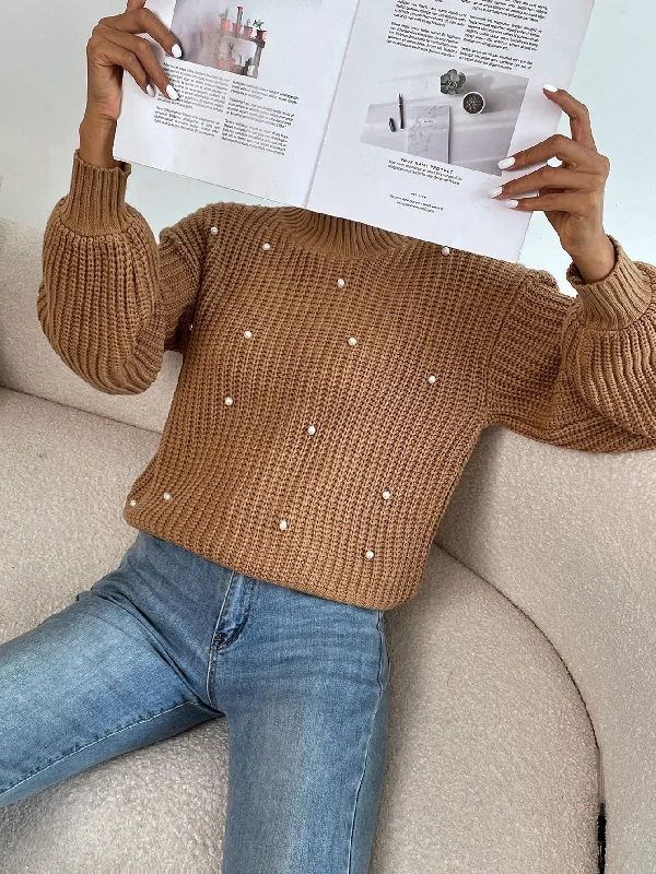 Casual Plain Pearls Long Sleeve Stand Collar Regular Women Sweater Cool Women's Distressed