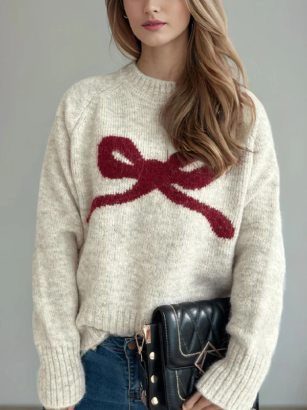 Bow Round Neck Long Sleeve Sweater | Christmas Sweater | Holiday Sweater Dynamic Women's Moto