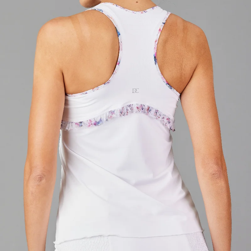 Boho Luxe Ruffle Racerback Top (white) Laid - back Women's Style