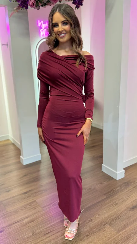 Sheridan Burgundy Off Shoulder Wrap Effect Midi Dress Artistic Women's Hand - painted