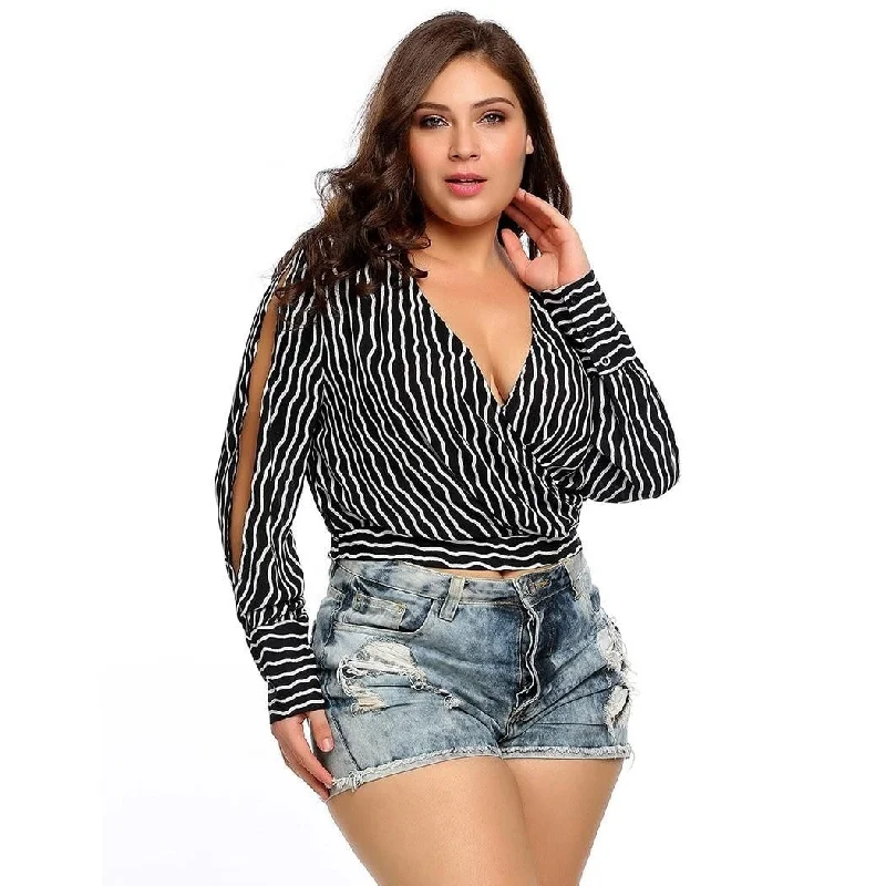 ANALUKE Lantern Striped Wrap Long Sleeve Blouse