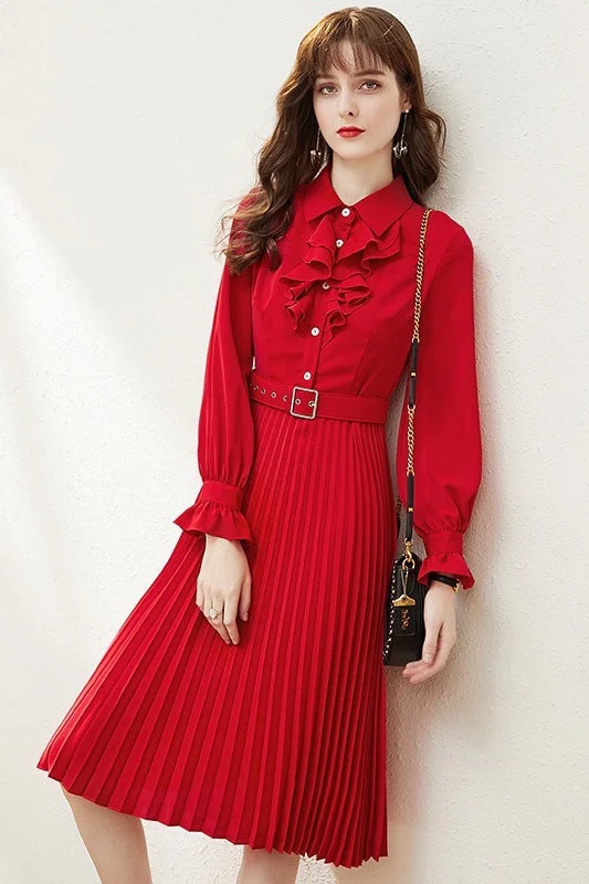 Red Pleated Dress W/ Ruffle Business