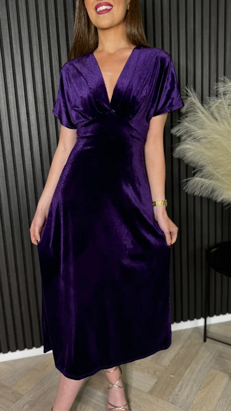 Merritt Purple V Neckline Velvet Finish Midi Dress Confident Women's Power