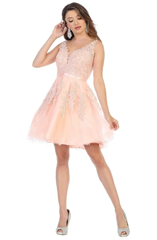May Queen - MQ1692 Rhinestone-Ornate Appliqued Short Dress Sharp Women's Italian