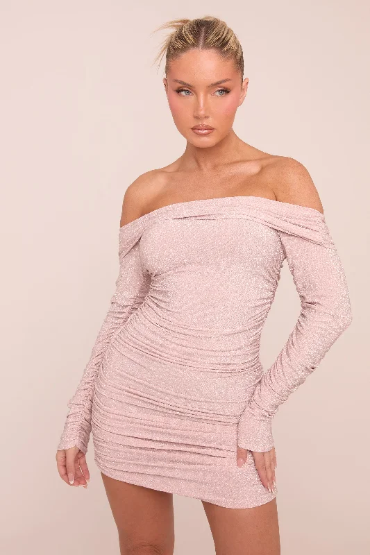 Pink Lurex Bardot Ruched Bodycon Mini Dress - Vivian Practical Women's Multi - 