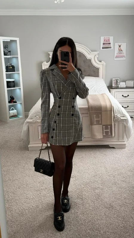 PLAID GREY BLAZER DRESS Artistic Women's Hand - painted