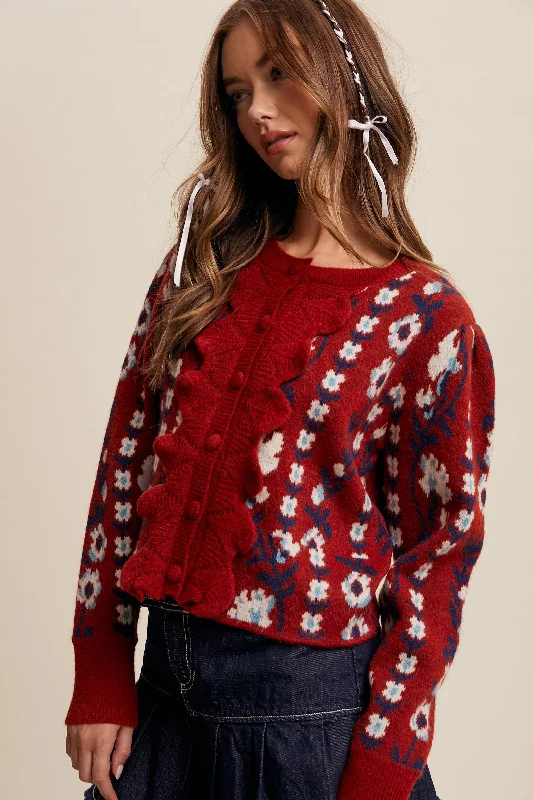 Flower Ruffle Knit Cardigan Refined Women's Classic 