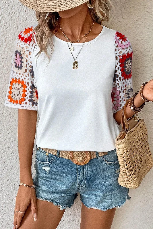 Geometric Round Neck Short Sleeve Blouse Relaxed Women's 