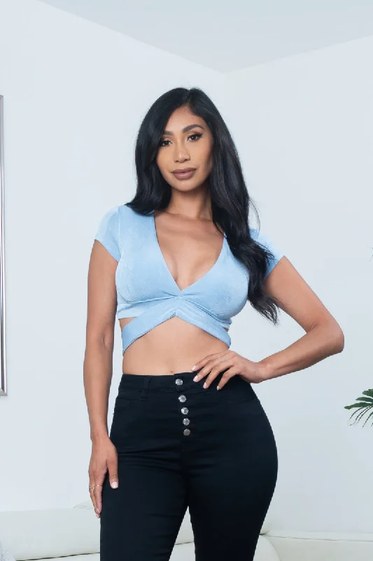 Shimmering Satin Cap Sleeve Plunge V Neck Crop Top with Tie Back in Cloud Blue (10114TM) Unique Women's Upcycled