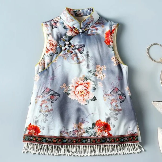 Floral Brocade Cheongsam Top Chinese Wadded Waistcoat Vest with Tassels Earthy Women's Hemp - based