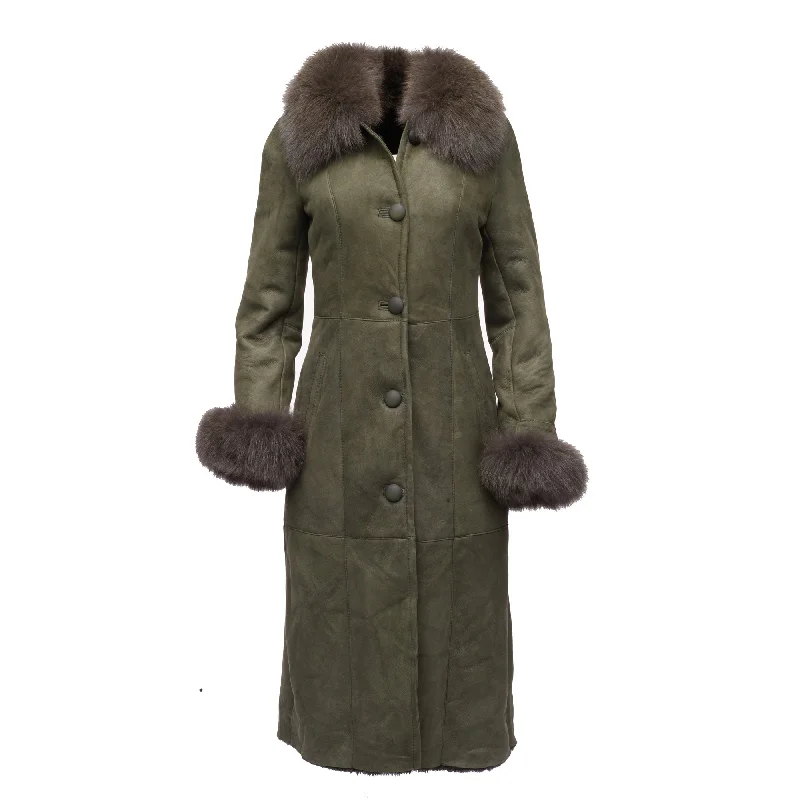 Caitlan’s Shearling Sheepskin Full Length Long Coat With Fox Fur Athletic Women's 