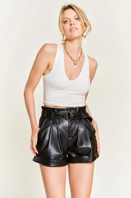 High-rise waist Belted Faux Leather Short Feminine Women's Soft 