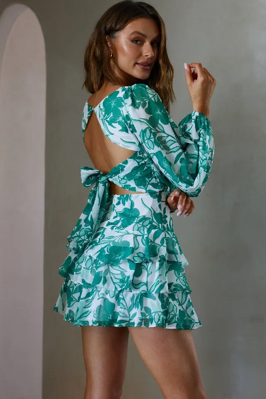 Romance Novel Long Sleeve Tied Back Floral Dress Green Business
