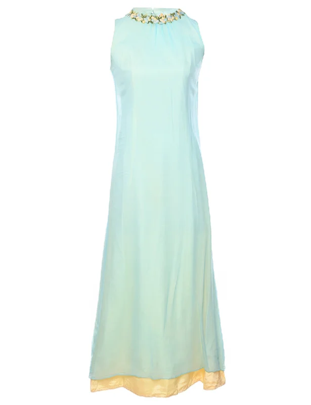 1970s Embroidered Gold & Turquoise Dress - S Sophisticated Women's 