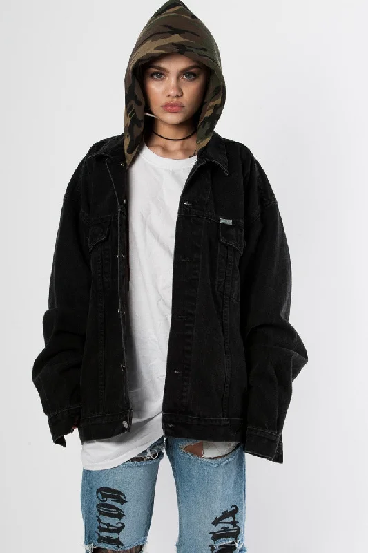 黑色迷彩牛仔夹克 Laid - back Women's Style