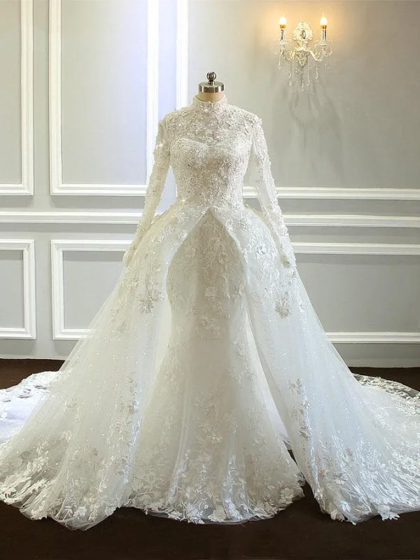 Amazing Long Sleeves High Collar Wedding Dresses with Train Feminine Women's Style 