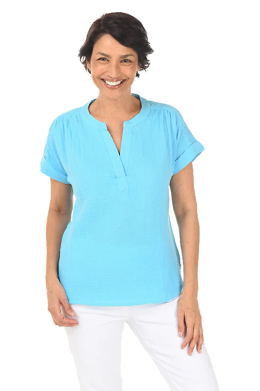 Bubble Gauze Rolled Short Sleeve Blouse Laid - back Women's Vibe