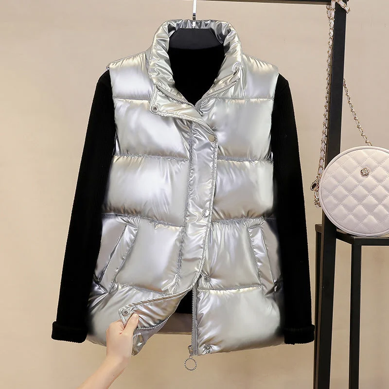 Women's Stand Collar Versatile Shiny Down Cotton Vest Athletic Women's High - 