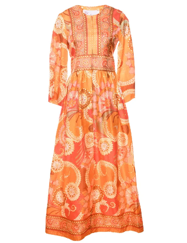 1970s Floral & Paisley Print Orange & Red Maxi Dress - S Casual Women's Japanese 