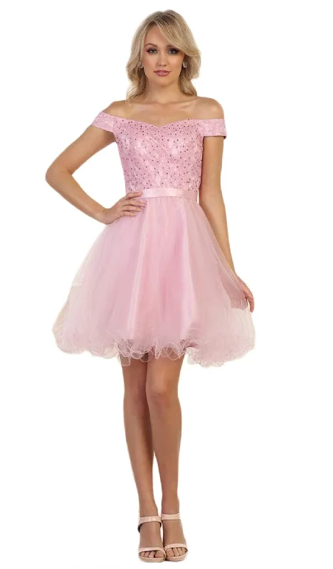 May Queen - MQ1565 Off Shoulder Beaded Tulle Cocktail Dress Streetwear Style for 