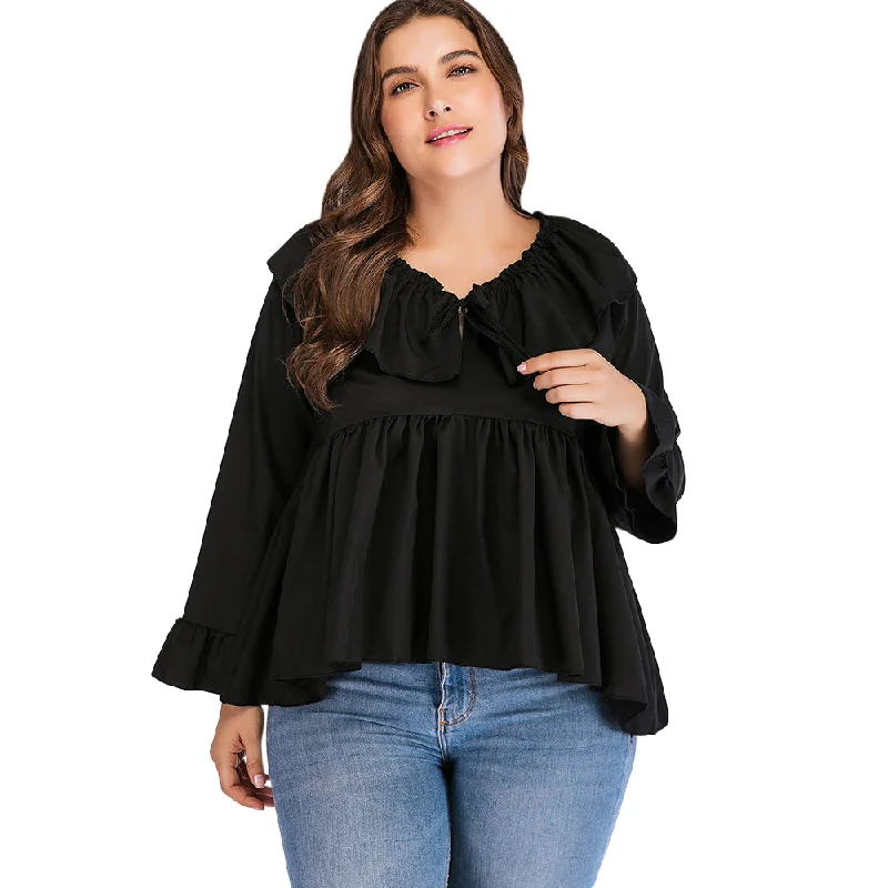 ANALUKE Flounce Flare V-Neck Long Sleeve Blouse