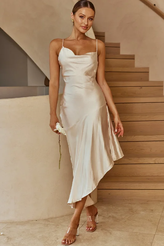 Morning Sun Cowl Neckline Asymmetrical Hem Midi Dress Champagne Confident Women's Power