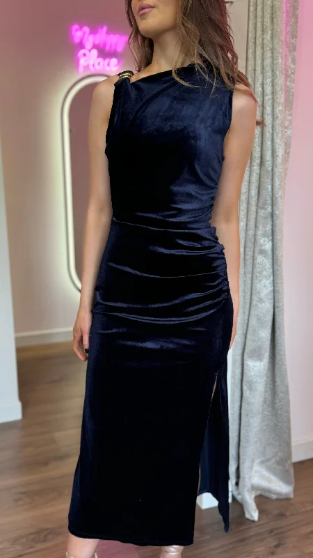Monroe Navy Velvet Finish Shoulder Detail Midi Dress Casual Women's Loose - fitting