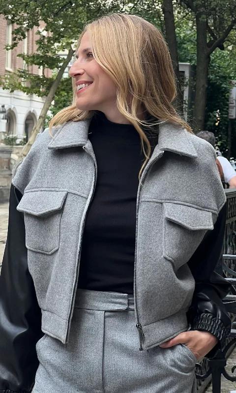 Caspian Wool Vegan Leather Combo Bomber Classic Women's Pin - striped