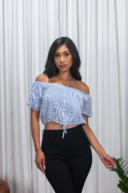 'Dukes of Hazard' Pin Striped Off Shoulder Short Puff Sleeve Crop Top with Faux Button Down Drawstring Waist in White & Blue* (185676) Confident Women's Power