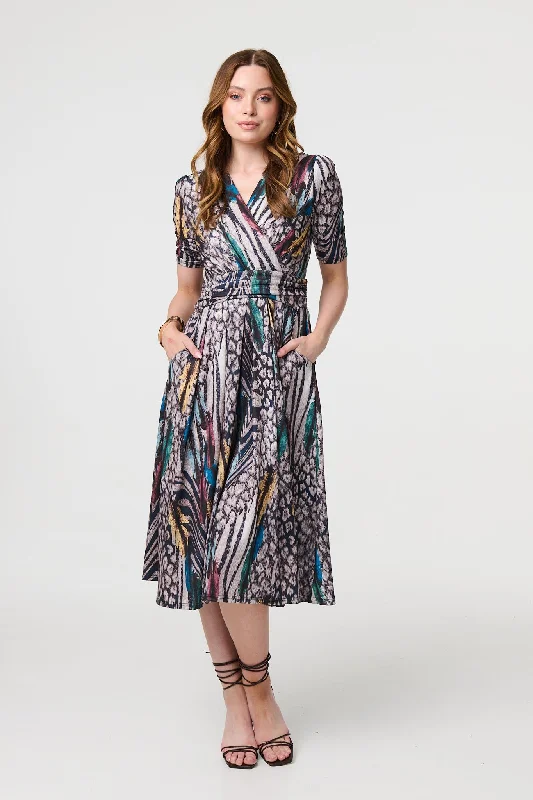 Printed Faux Wrap Front Jersey Midi Dress Sophisticated Women's Tailored