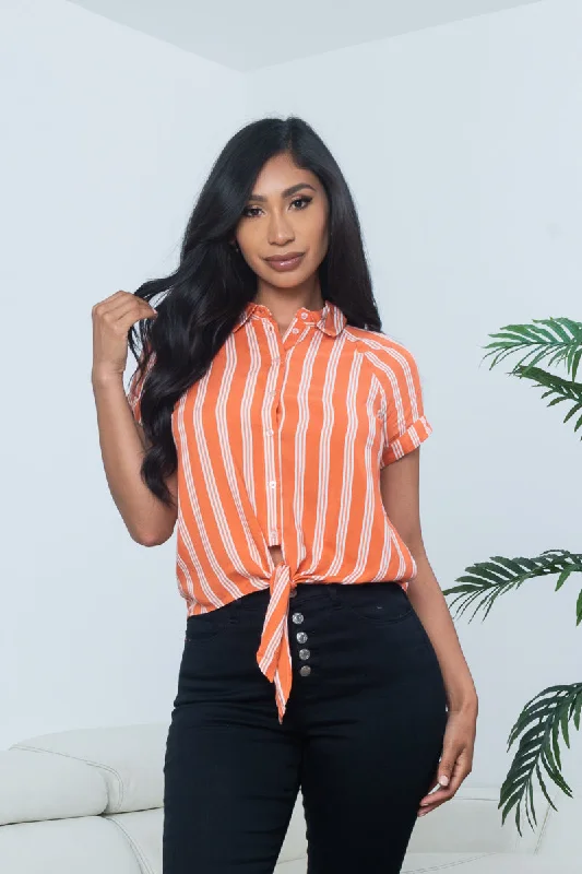 'Island Sun' Striped Short Cuff Sleeve Tie Front Button Down Shirt with Spread Collar in Papaya (HTN1653) Polished Women's Silk