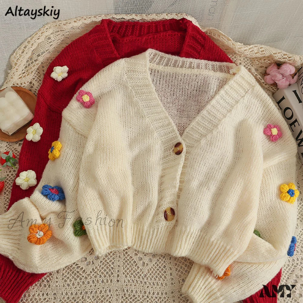 Amy Fashion - Flower V-neck Kawaii Retro Design All-match Mujer Cardigans Cool Women's Distressed