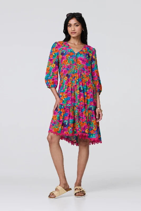 Floral 3/4 Sleeve Smock Dress Sleek Women's Metallic