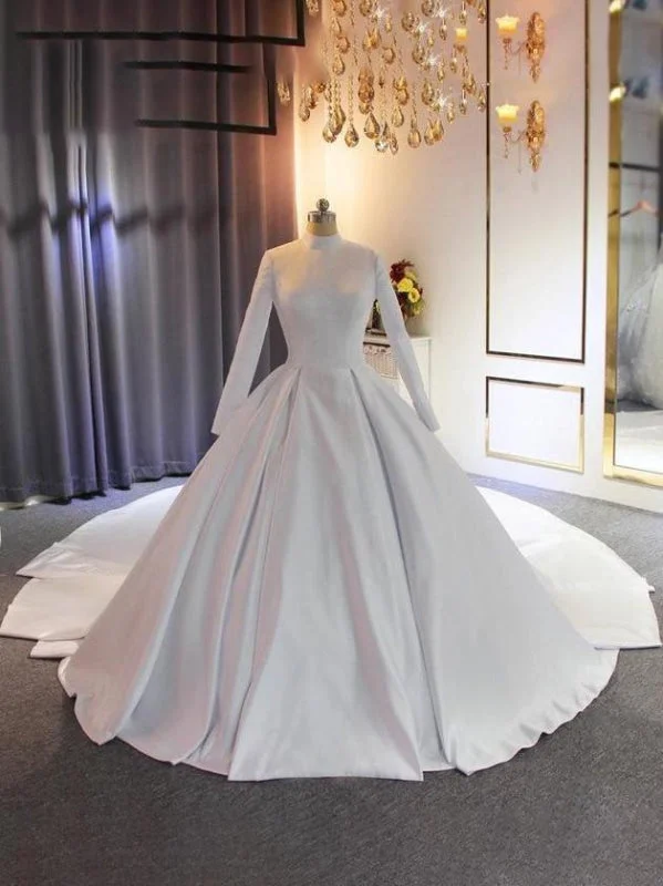 Elegant High Neckline Satin Wedding Dresses with Long Train French