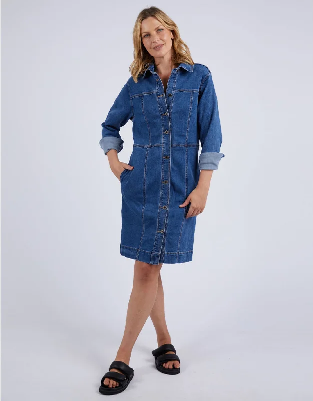 Gwen Long Sleeve Denim Dress - Mid Blue Wash Luxurious Women's High -  end