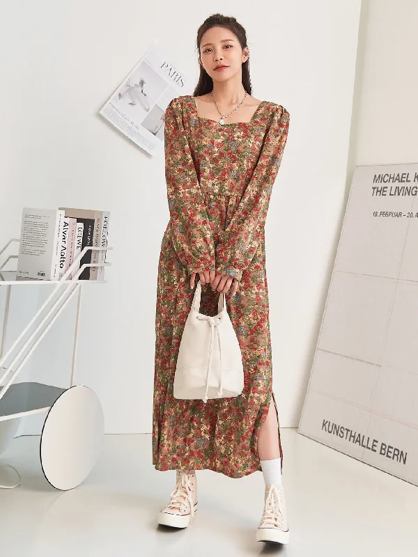 Ditsy Floral Split Long Sleeve Square Neck Slit High Waist Long Dress