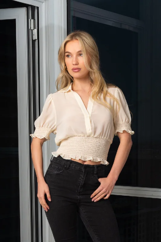 Button Down Short Sleeve Collar Cut Crop Top With Elastic on Waist and Sleeve (10149TY) Sharp Women's Italian