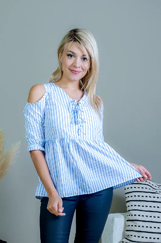 Candy Striped 3/4 Sleeve Cold Shoulder Top with V Neck Tie Up Front and Ruffle Cuffs (SW183334) Rugged Women's Outdoor 